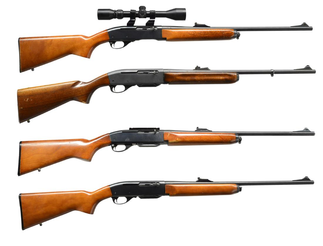 4 REMINGTON SEMI AUTO RIFLES.: ALL: cal. 30-06.1) MODEL 74 SPORTSMAN. S# 8209779. Bbl. 22" w/ open sights. Unmarked 3-9 duplex reticle scope w/ undersized Kwik-Site mts. missing 1 screw. Uncheckered pistol grip stock set w/ black f