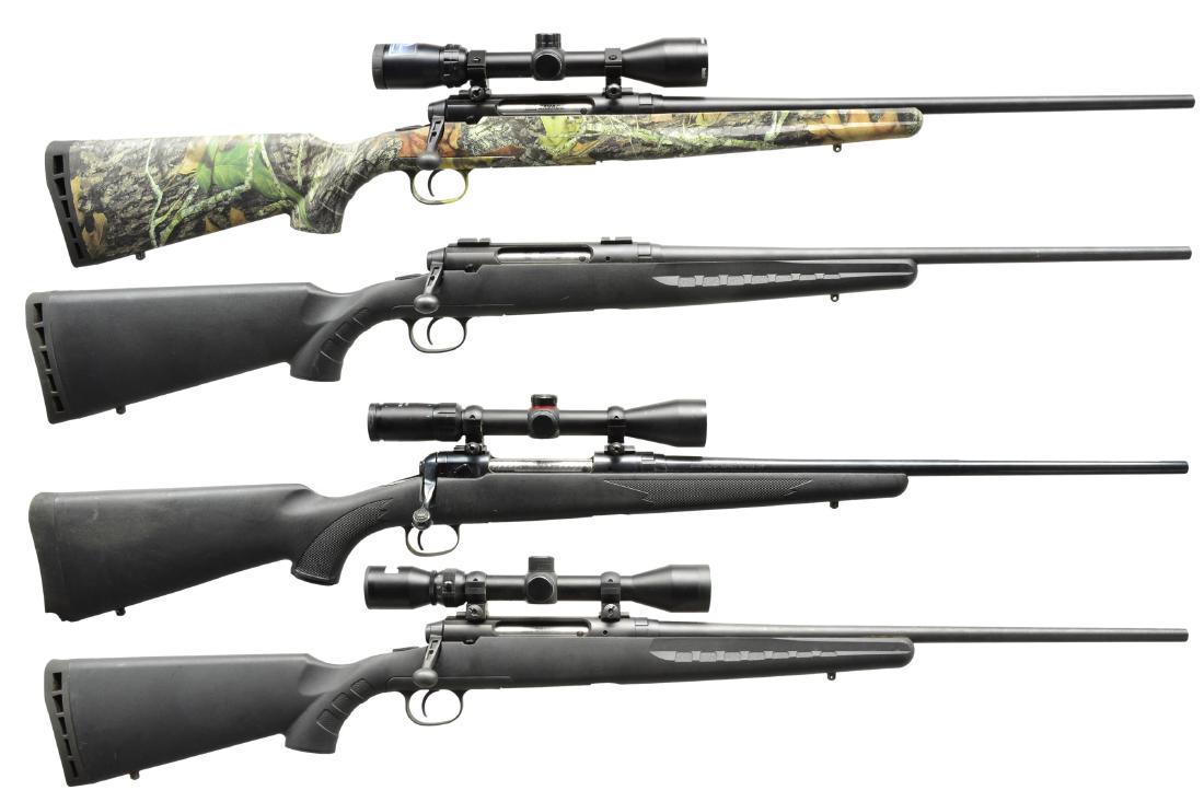 4 SAVAGE BOLT ACTION RIFLES.: 1) AXIS. Cal. S# K802770. 22" Bbl. marked "30/06 SPRG". Receiver fitted w/ Bushnell Banner 3-9X scope w/ duplex range finding reticle. Mossy Oak camouflage composite stock. MAGS: detachable 4 rd. mag.