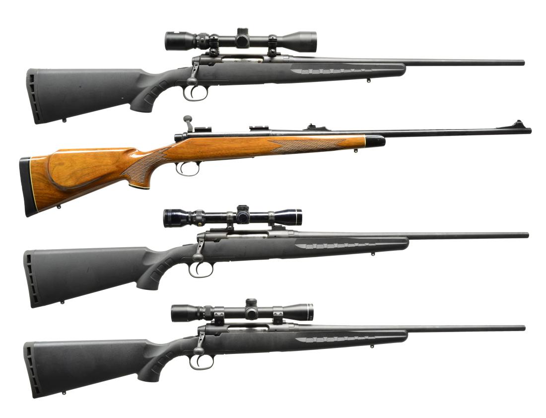 4 SAVAGE BOLT ACTION SPORTING RIFLES.: 1) AXIS. Cal. 270 Win. S# J194776. 22" Bbl. marked "SAVAGE AXIS 270 Win.". Bushnell 3-9X scope w/ duplex reticle. Black composite stock. No provision for iron sights. MAGS: 4 rd. detachable mag. CONDI