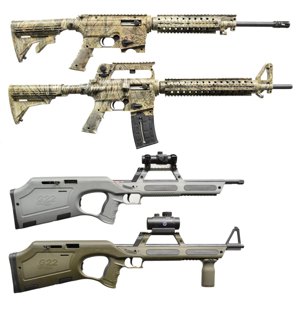 4 MODERN SEMI AUTO 22 LR CCARBINES.: 1) MOSSBERG MODEL 715T. Cal. 22 LR. S# ELL3578303. 16 1/2" bbl. & A2 style flash hider. Flat top upper w/ regulated rail system. 6 Position collapsible stock. Full coverage camo pattern. MAGS: none. C