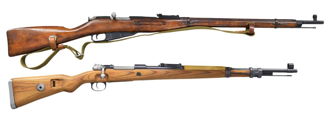 2 MILITARY BOLT ACTION RIFLES.: 1) MITCHELL 98K MAUSER. Cal. 8 MM Mauser. S# 7870NN. All visible numbers match. 23 5/8" Bbl. Import marked on left side. Receiver marked on left rail w/ "Mod. 98" Receiver ring marked on left side w/