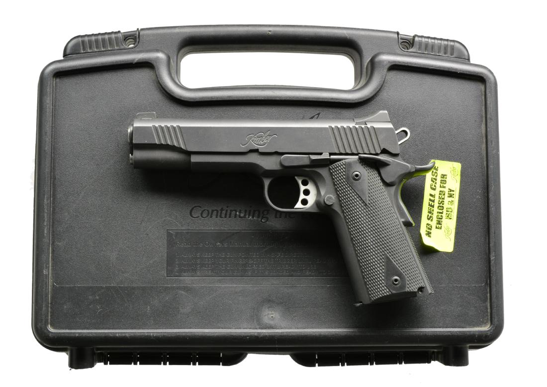 KIMBER CUSTOM II SEMI AUTO PISTOL.: Cal. 45 ACP. S# K323814. Bbl. 5â€. Novak style sights. Serrated skeleton hammer. Front & rear serrated slide. Serrated adj. 3 Dot trigger. Checkered double diamond rubber grips. MAG: 2 â€“ 8 r