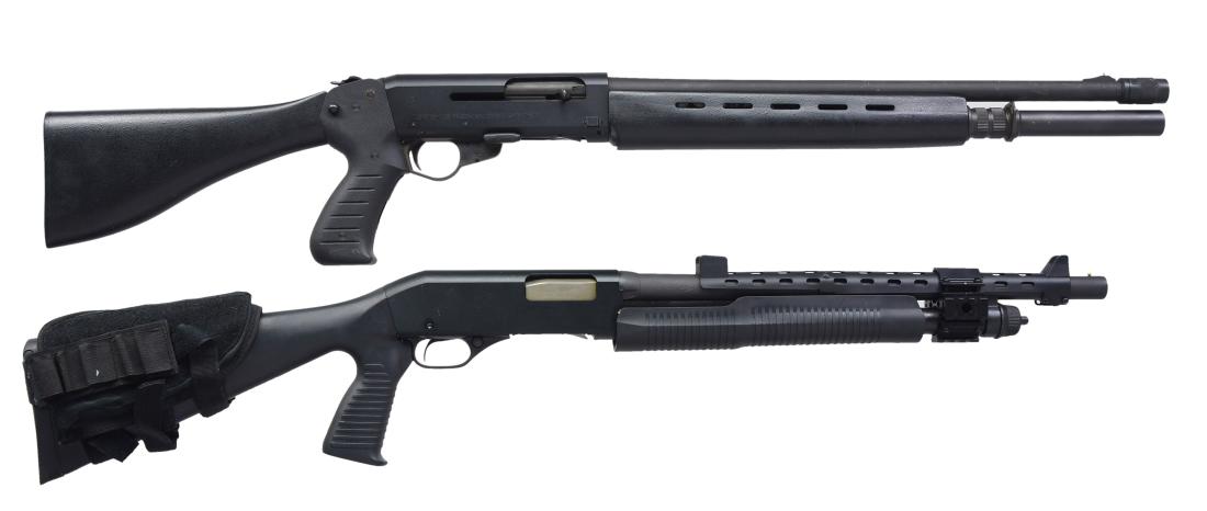 2 MODERN MILITARY STYLE 12 GAUGE SHOTGUNS.: BOTH: Cal. 12 Ga. 1) FRANCHI LAW 12 AUTOLOADER. S# S78312. Bbl. 21 1/2". Matte black finish. Bead style front sight. Ventilated handguard. Factory pistol grip rear stock. Known for being a fast lightw