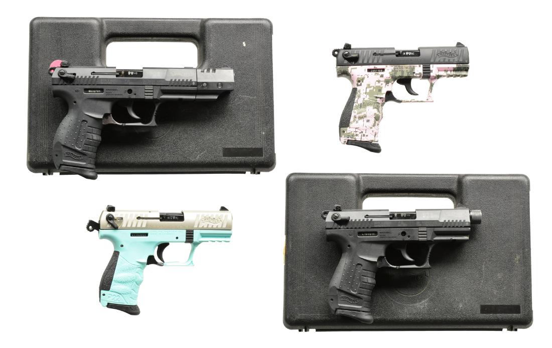4 WALTHER MODEL P22 SEMI AUTO PISTOLS.: ALL: cal. 22 LR. 1) P22 TARGET. S# N032701. Bbl. 5" w/ frame extension. Adj. 3 dot sight. Blued slide. Ambidextrous safety & mag. release. Black polymer modular frame w/ stippled finger groove grips,