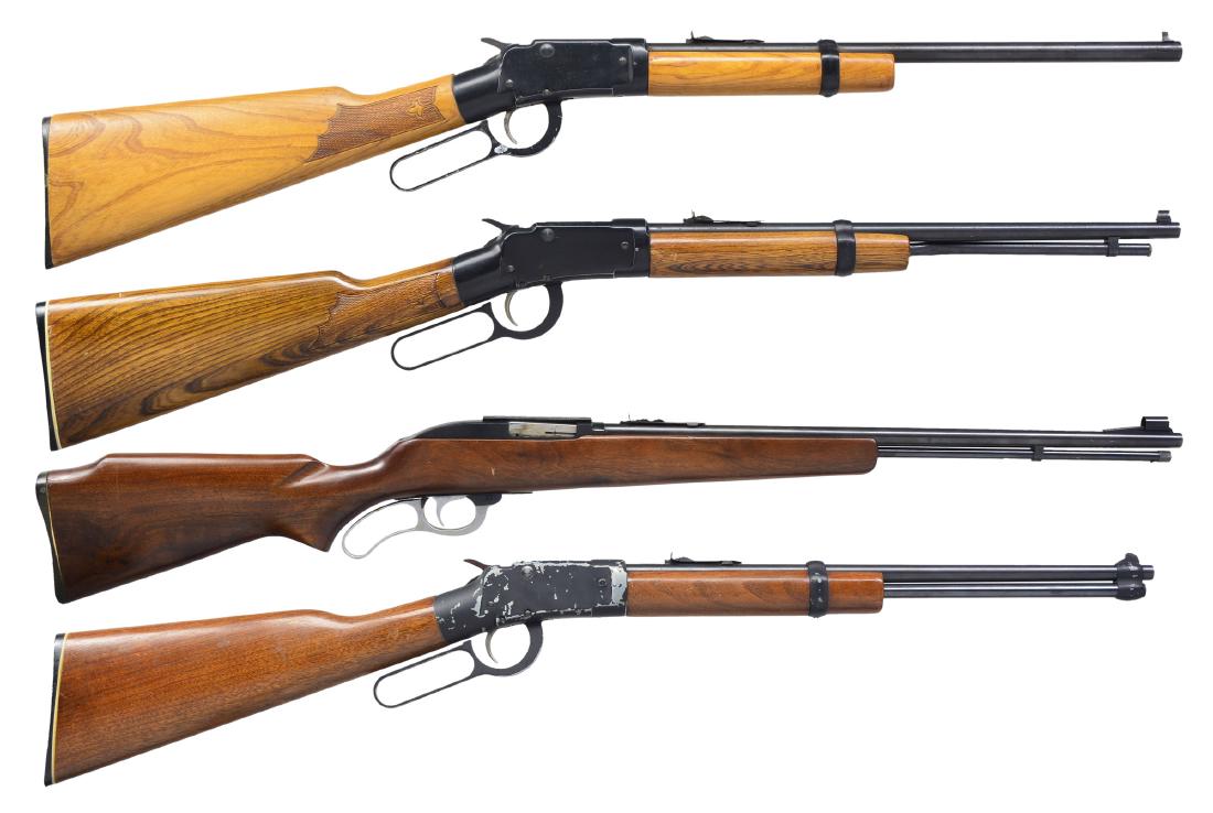 4 AMERICAN RIMFIRE SPORTING RIFLES.: 1) TED WILLIAMS. Cal. 22 S, L, LR. S# 490436074. 18" Bbl. single shot w/ open sporting rear sight. Bead front sight. Hardwood stock set. CONDITION: stock has moderate wear & handling marks. Metal 70%