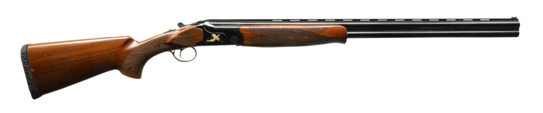 STEVENS MODEL 512 O/U SHOTGUN.: Cal. 20 Ga. S# 06T0240. Bbls. 28" VR w/ unmarked screw in chokes; both gauge Imp. Mod. Brass mid bead & fiber optic front sights. Gold colored single trigger w/ gold colored pheasants on both sides of