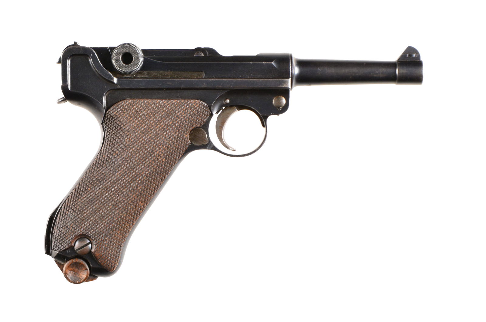 DWM 1908 COMMERCIAL LUGER SEMI AUTO PISTOL.: Cal. 7.65mm (30 Luger). S# 6687p. Bbl. 3 7/8" w/ full matching number, crown N proof & fin sight. Underside of extractor marked "M" near front & "5" at rear. Crown N proof on receiver & left side of b