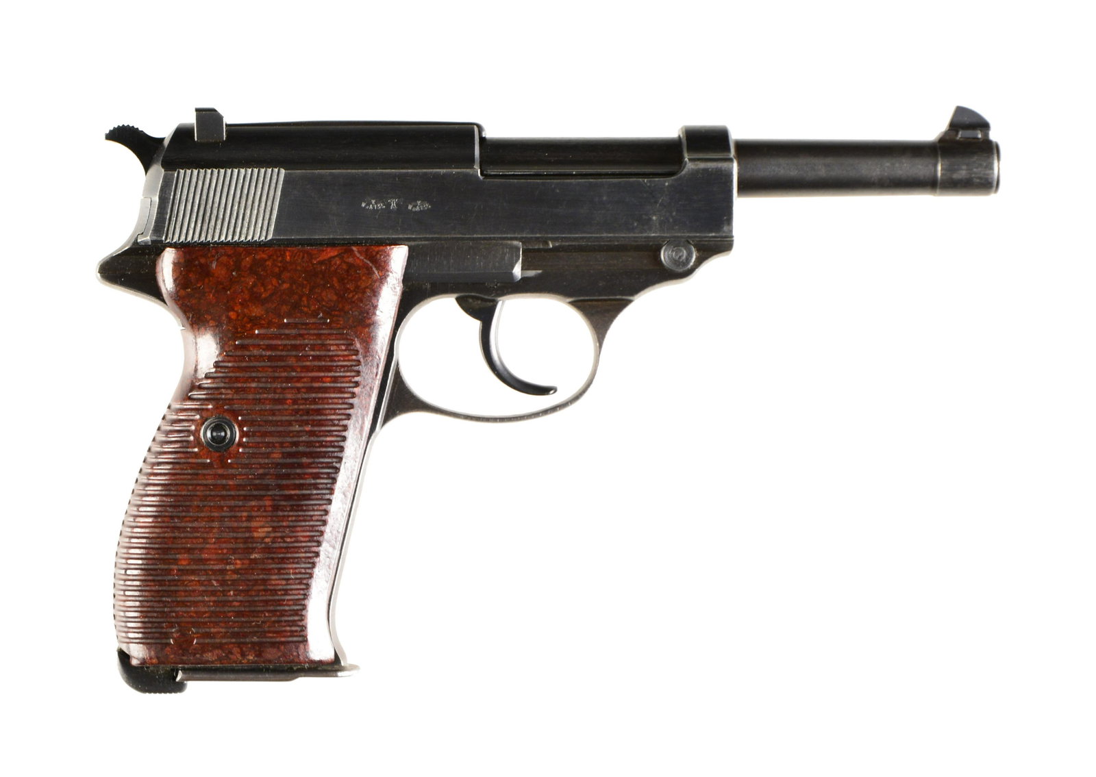 MAUSER "byf/44" P 38 SEMI AUTO PISTOL.: Cal. 9 mm. S# 6654r. Bbl. 5” matching numbers. Rust blued finish. Standard markings on slide. WaA 135 on slide & frame. Bakelite grips. MAGS: 1 - 8 rd. marked "P. 38v" CONDITION: overall very go