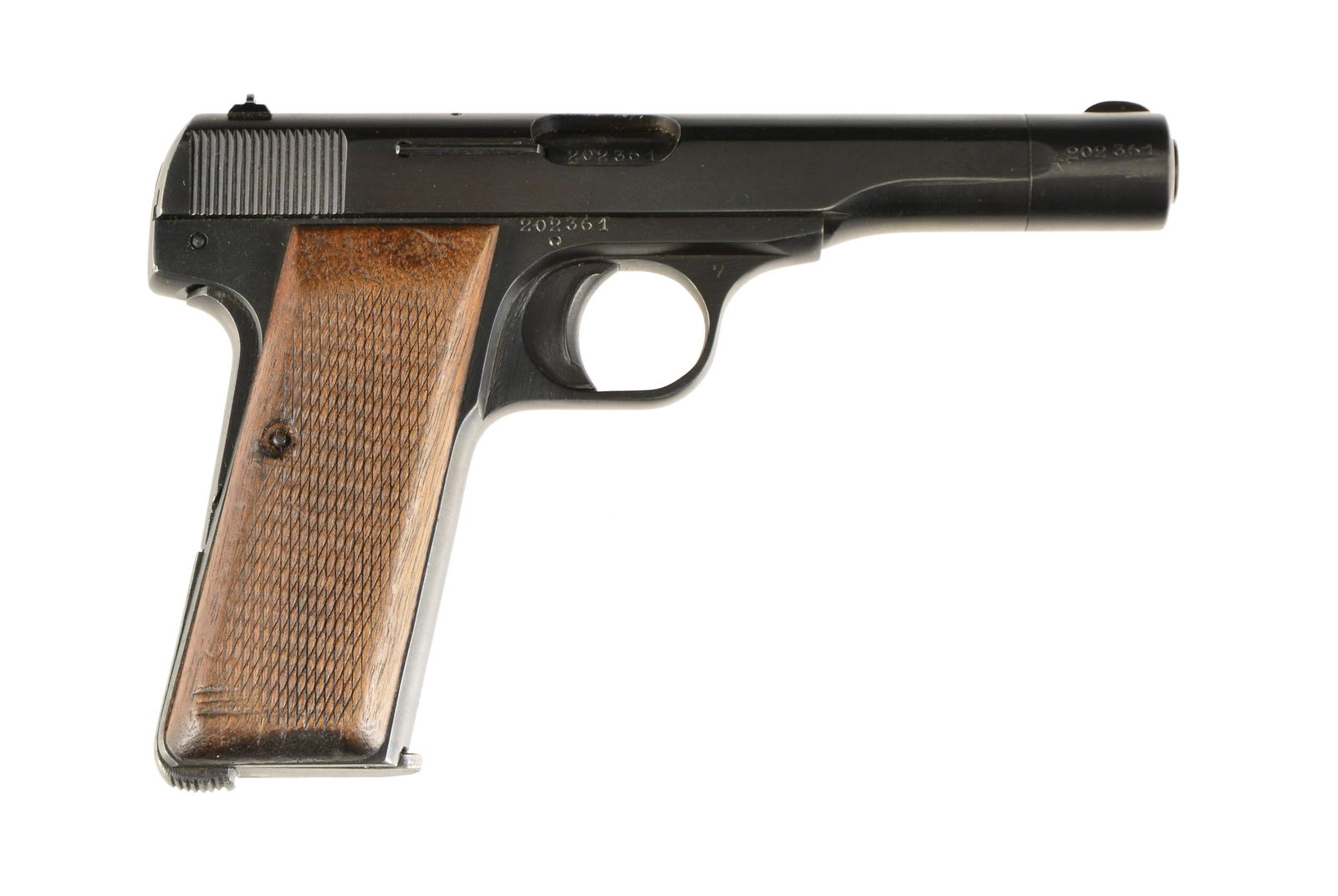 GERMAN WW II PROOFED FN 1922 SEMI AUTO PISTOL.: Cal. 7.65 mm. S# 202361. Bbl. 4.25” w/ German firing proof. WaA 140 proofed slide & frame. Matching numbers. Checkered walnut grips. MAGS: 1 - 9 rd. CONDITION: overall very good reboot metal finish