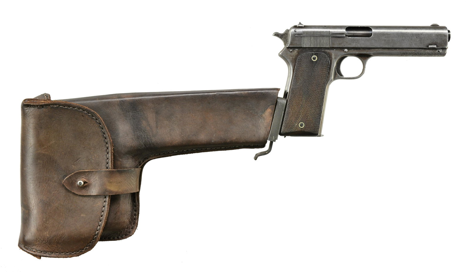 COLT MODEL 1905 SEMI AUTO PISTOL W/ STOCK.: Cal. 45 ACP. S# 6185. Bbl. 5". Fixed tapered semi circle front sight. Round top U notch rear sight. Spur hammer. Checkered double diamond walnut grips. Slotted for stock. This is one of the last eight