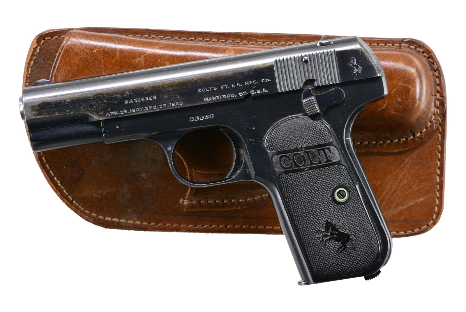 COLT MODEL 1908 HAMMERLESS POCKET AUTO PISTOL.: Cal. 380 ACP. S# 35368. Bbl. 3 3/4". Semi circular front sight w/ fixed U notch rear sight. Blue finish. 2 Piece checkered Rampant Colt hard rubber grips. MAGS: 1 detachable 7 rd. UNATTACHED ACCESSORI