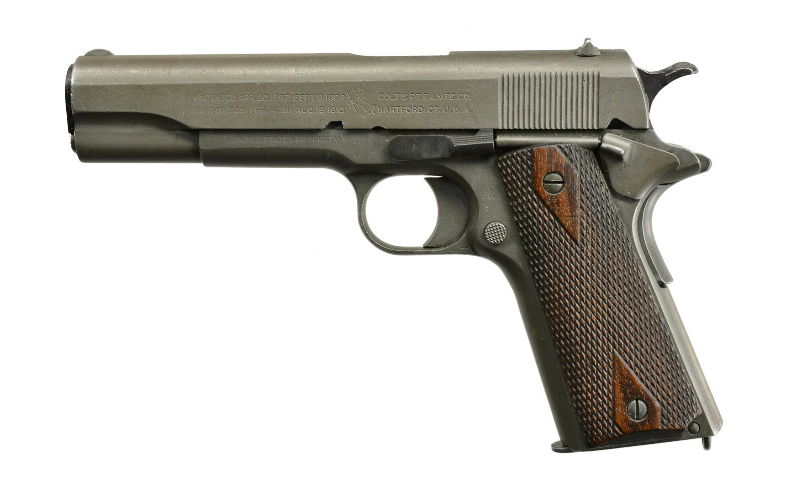 COLT MODEL 1911 SEMI AUTO PISTOL.: Cal. 45 ACP. S# X1615. Thin rounded front sight. Flat top rear sight w/ rounded notch. Wide spur checkered hammer. Short tang grip safety. Flat mainspring housing w/ lanyard loop. Serrated thumb safet