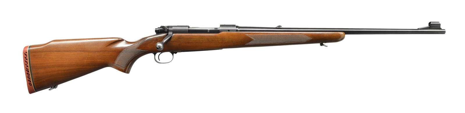 WINCHESTER PRE 64 MODEL 70 FEATHERWEIGHT: WESTERNER BOLT ACTION RIFLE. Cal. 264 Win. Mag. S# 549507. Bbl. 22" light contour w/ hooded ramp bead front sight & folding leaf rear sight. Alloy floorplate & trigger guard. Bolt is numbered to rifle