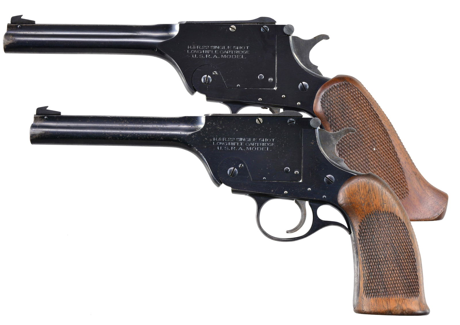 HARRINGTON & RICHARDSON CONSECUTIVE PAIR USRA: SINGLE SHOT PISTOLS. ALL: cal. 22 LR. Bbls. 7" w/ rib. Pin blade front sight w/ adj. square notch rear sight. 5th Variation mfg. 1933-1934. Blued bbls. & top break actions w/ grooved triggers. 1) S# 1