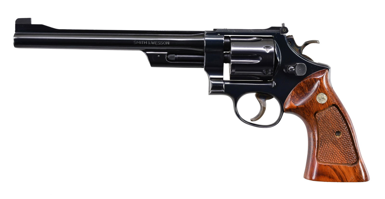 SMITH & WESSON MODEL 27-2 REVOLVER.: Cal. 357 Mag. S# N380710. Bbl. pinned 8 3/8" w/ Patridge front sight & Micrometer rear. Mfg. 1975-1977 w/ recessed cyl. plus case colored target trigger & target hammer. Blued finish having Goncalo Al