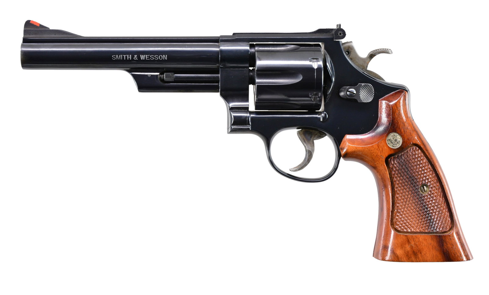 SMITH & WESSON MODEL 57-1 REVOLVER.: Cal. 41 Mag. S# AVD6866. Bbl. 6" w/ red ramp front sight & white outline Micrometer rear. Blued finish w/ checkered Goncalo Alves target grips dated March, 1987 having thumb recess speed loader cutout