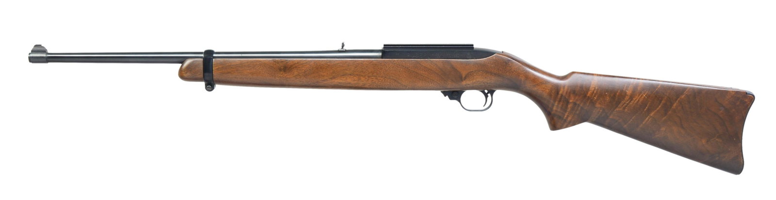 RUGER S# 46 MODEL 10/22 SEMI AUTO CARBINE.: Cal. 22 LR. S# 46. Bbl. 18 1/2” w/ gold bead front & folding leaf rear sights plus bbl. address w/out INC. Walnut stock w/ noticeable figure in butt area & proper back slant cut forend. Aluminum