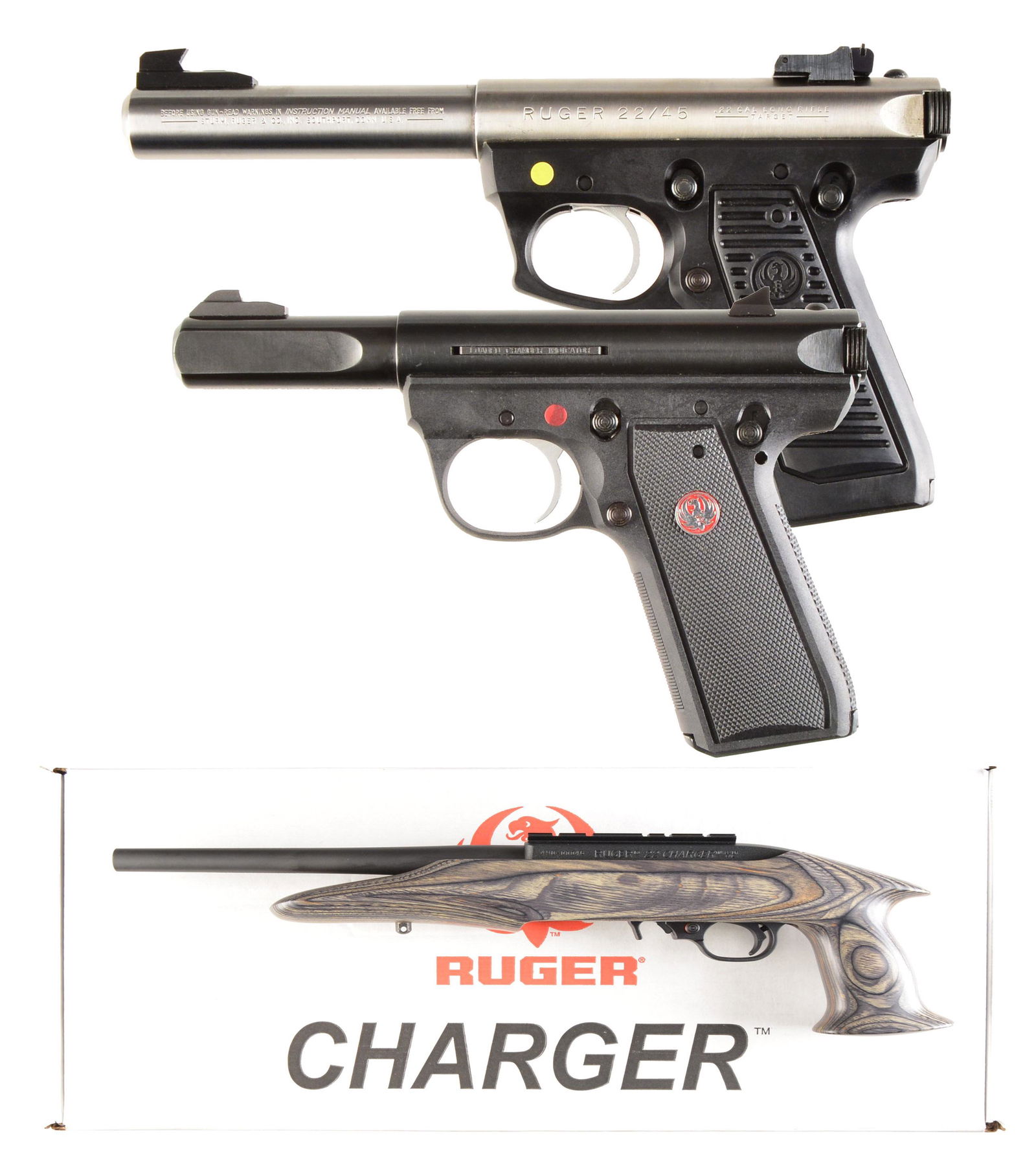 3 RUGER 22 LR SEMI AUTO PISTOLS.: ALL: CONDITION: all aspects of all 3 near excellent appearing new. 1) 22/45 TARGET. S# 220-00046. Bbl. 5 1/2" bull w/ screw on hooked front & adj. rear. Mfg. 1992 w/ stainless bbl. / receiver, blued b