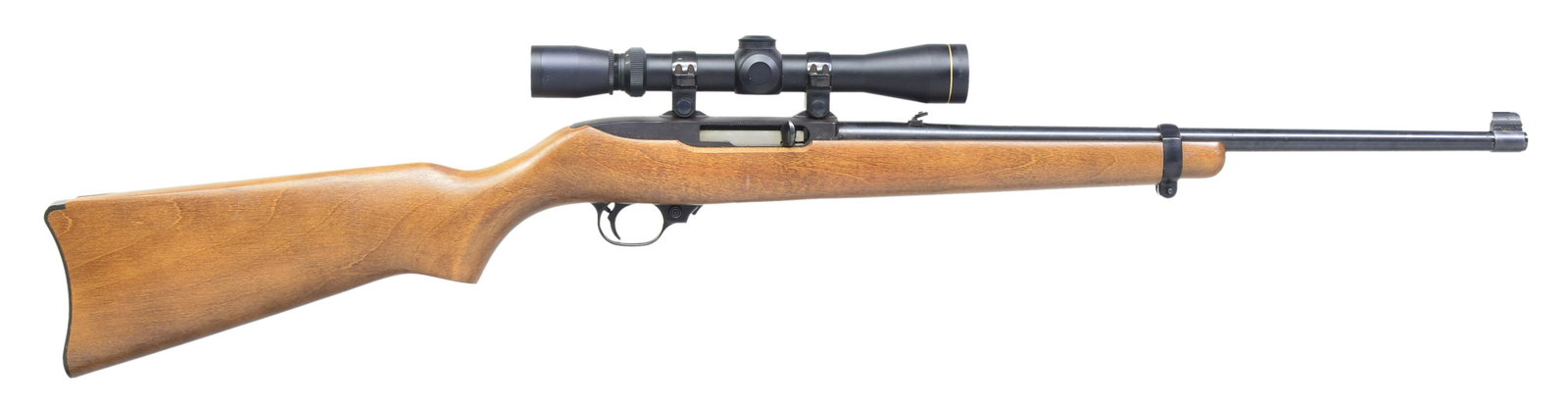 RUGER 10/22 MAGNUM AUTO LOADING CARBINE.: Cal. 22 Mag. S# 290-04231. Bbl. 18 1/2" w/ band mounted bead front sight & folding leaf rear sight. Leupold VARI-X 3x9 Compact matte finished scope w/ duplex reticle on Ruger mts. Walnut carbine stock