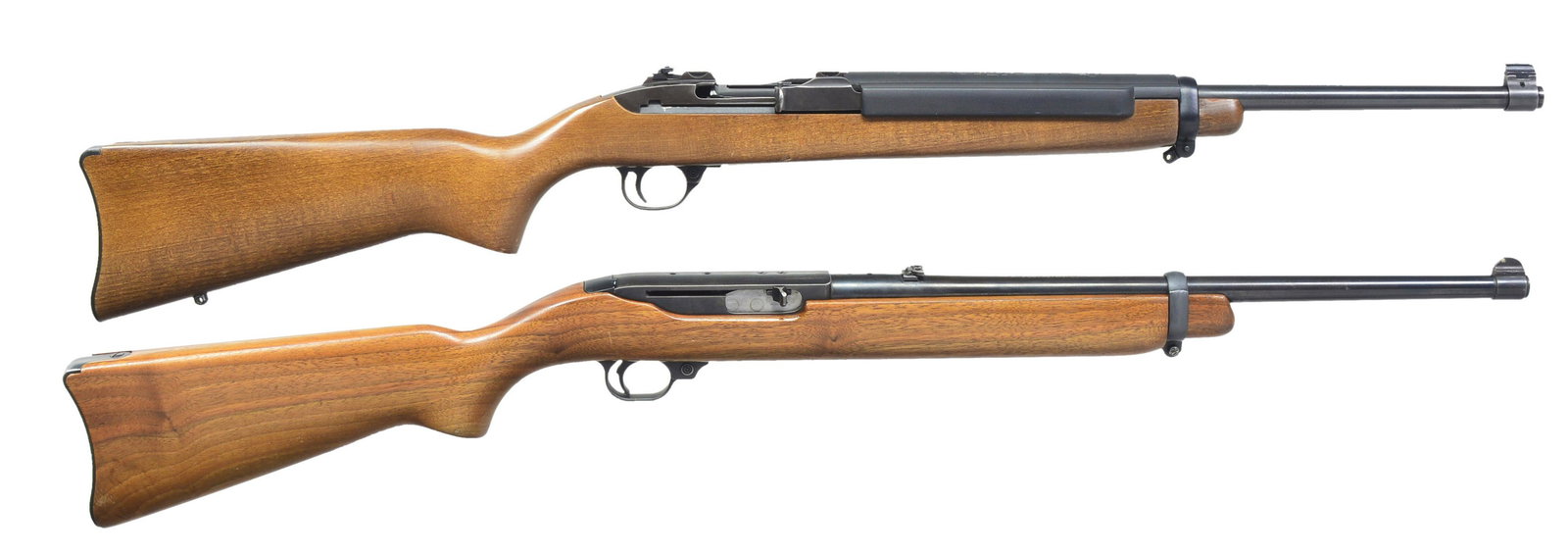 2 RUGER 44 MAGNUM CARBINES.: 1) MODEL DEERFIELD SEMI AUTO CARBINE. Cal. 44 Mag. S# 630â€“09175. Mfg. 2001. Bbl. 18”. Flip up receiver sight. Uncheckered semi pistol grip walnut stock. Synthetic handguard. Blued buttpla