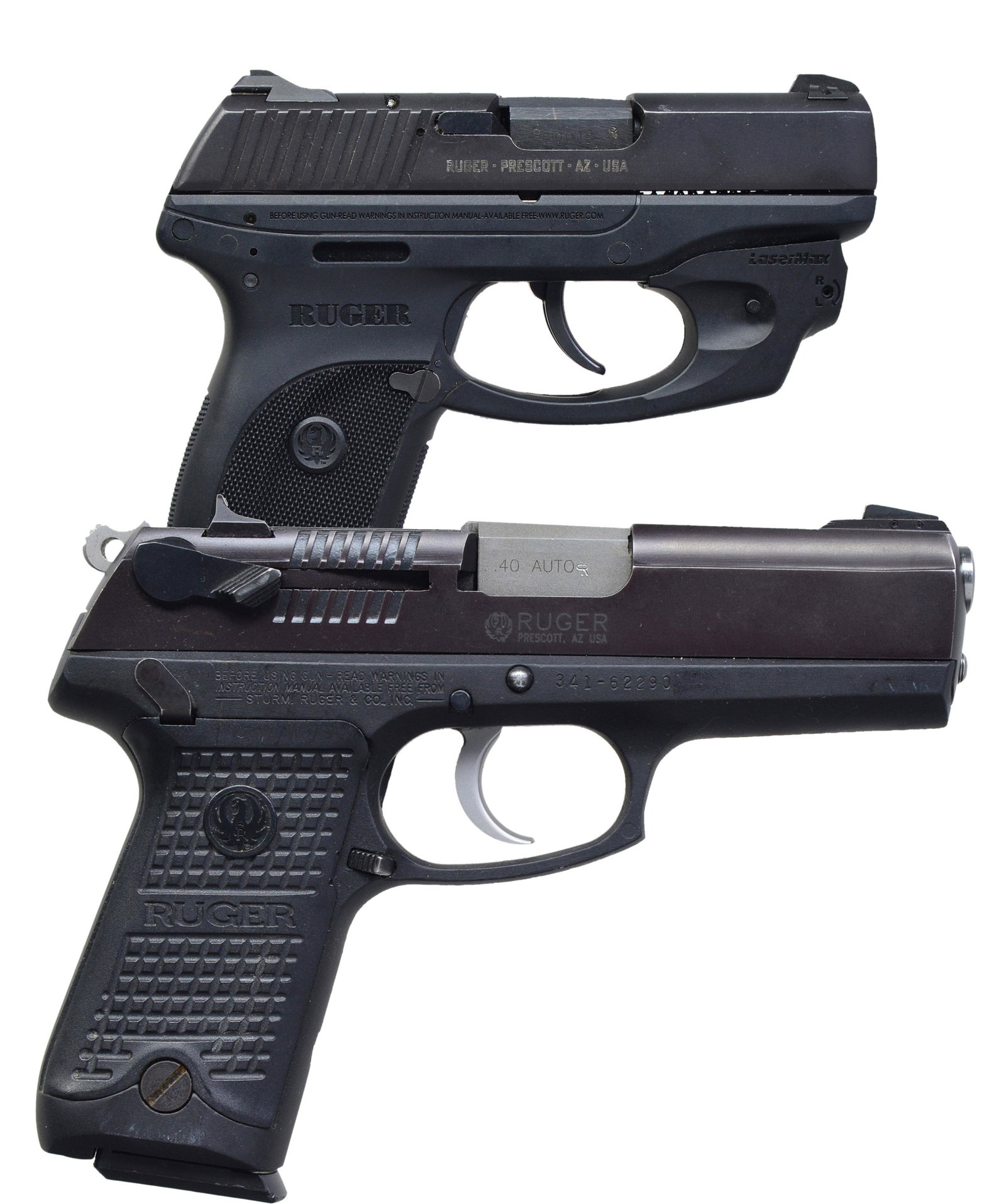 2 RUGER SEMI AUTO PISTOLS.: 1) RUGER MODEL LC9 W/ INTEGRAL LASERMAX RED DOT. Cal. 9 x 19. S# 324-03906. Bbl. 3”. Fixed Novak style low profile 3 dot sights. Black nitride finish slide w/ loaded indicator. MAGS: 1 - 7 rd. CONDI