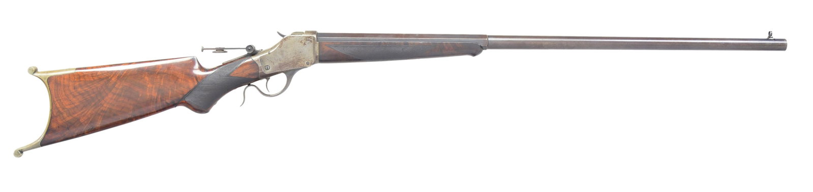 WINCHESTER 1885 HIGH WALL SCHUETZEN SINGLE SHOT: RIFLE. Cal. 32-40. S# 60471. Bbl. 30" No. 3 weight of oct. to rnd. configuration. Beeches combination front sight w/ mid range Vernier tang sight. Case colored action. Schnabel tipped forearm & pistol