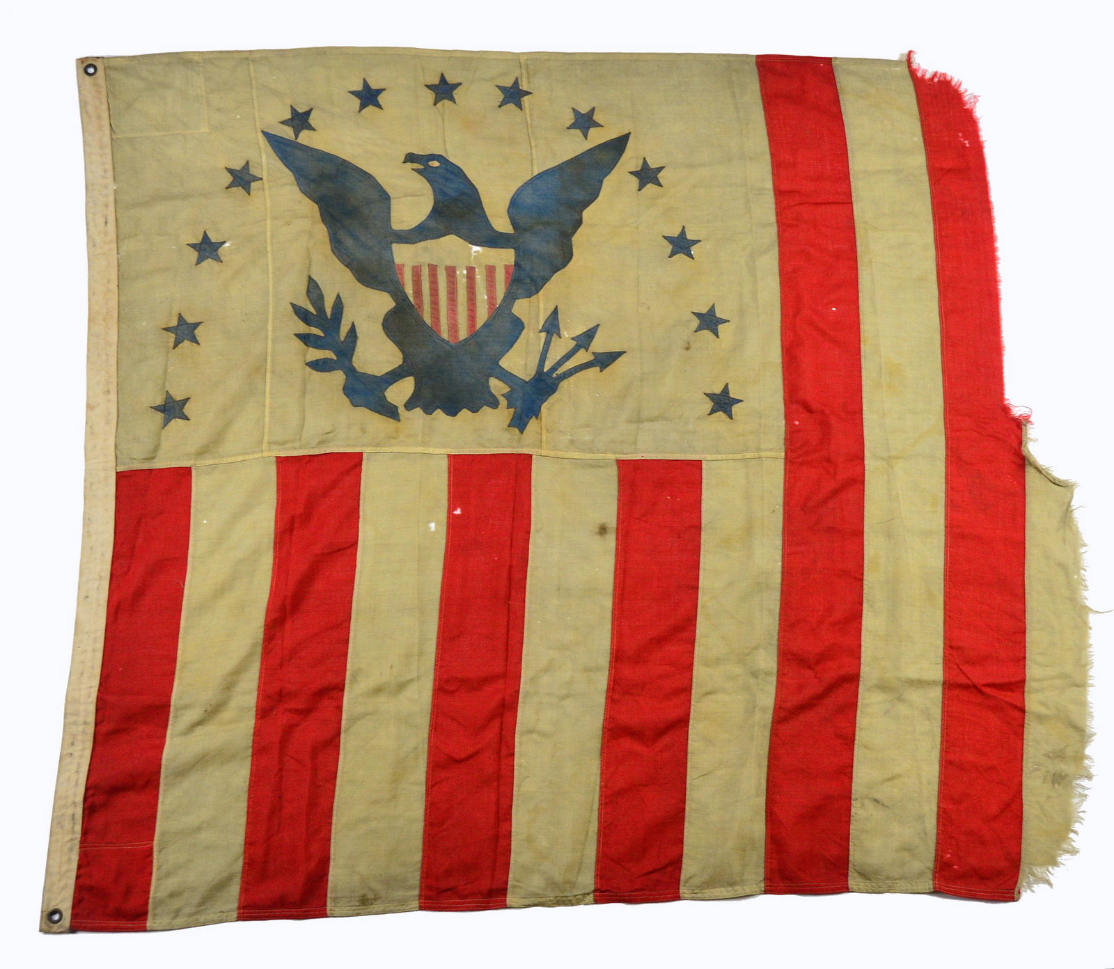 RARE 19TH CENTURY REVENUE CUTTER FLAG.: Rarely offered are U.S. Revenue Cutter flags of this pattern w/ vertical stripes. We have not seen this pattern offered since Sothebyâ€™s sold the Mastai collection in 2001. This flag saw use w/ 