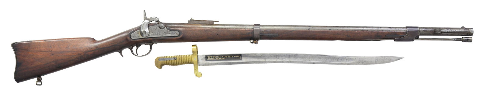 CIVIL WAR PLYMOUTH NAVY RIFLE WITH SABER BAYONET.: Cal. 69. NSN. Standard configuration w/ 34? rnd. bbl., 3 wide lands & groove rifling, fitted w/ long range rear sight & special Dahlgren bayonet lug on left side toward muzzle. Trigger guard is also f