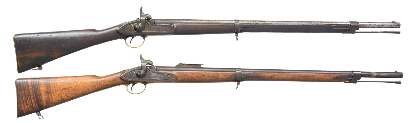PAIR OF CIVIL WAR IMPORT "LIGHT MINIE RIFLES".: BOTH: Cal. 58. NSN. Both guns are in the same configuration being Leige made Enfield style rifles w/ 32" bbls., once having long bayonet lugs on the right side of bbl. & long range rear sights, which