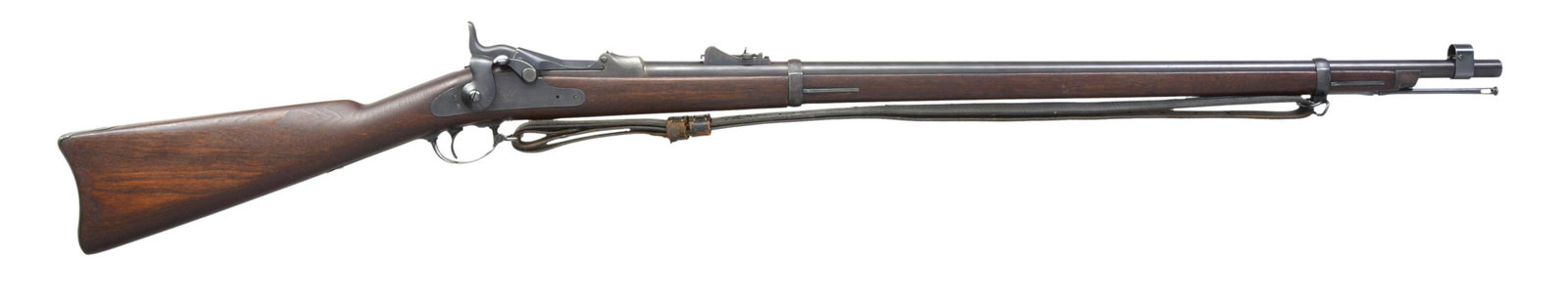 SPRINGFIELD MODEL 1879 TRAPDOOR RIFLE.: Cal. 45-70. S# 109437. Bbl. 32 5/8". Reverse mounted model 1879 rear sight. Hooded front sight. "1873" Dated low arch breech block. 2 Band walnut stock w/ leather sling. Slotted tip cleaning rod. COND