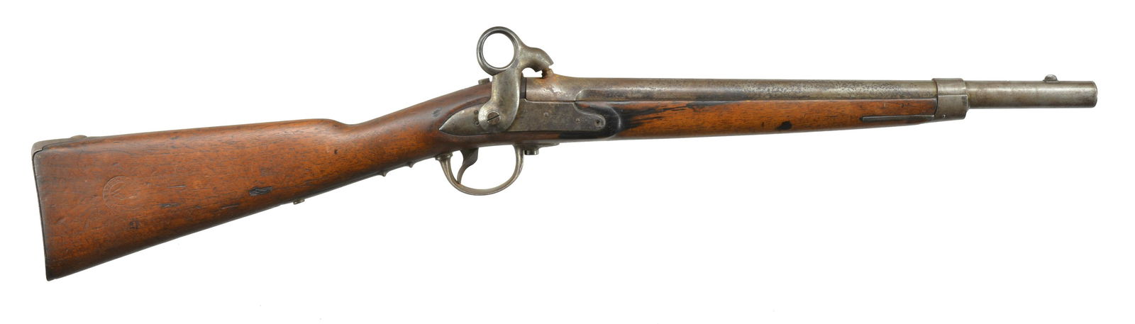 DUTCH MODEL 1854 RING HAMMER CAVALRY SADDLE: RING CARBINE. Cal. 69. S# 251. Scarce Civil War era saddle ring carbine, compact much like the similar Austrian model imported by the Confederacy. This gun is complete & matching w/ numerous governmen