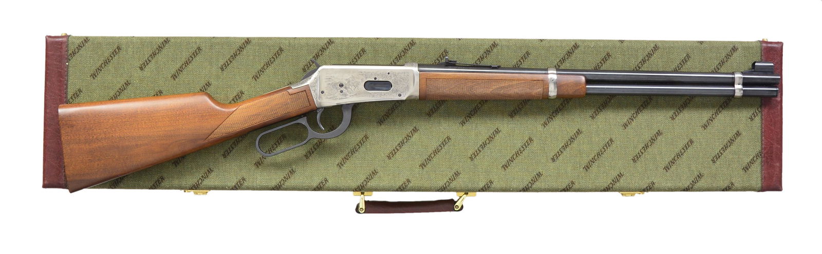 WINCHESTER MODEL 94 GREAT WESTERN ARTISTS I LEVER: ACTION CARBINE. Cal. 30-30. S# 4970530. Bbl. 20". Limited Edition of 999 produced for sale in Canada in 1982. Satin silver finished receiver features engraving of western town shootout on left side w/