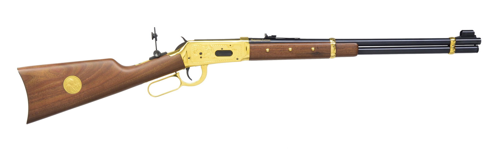 WINCHESTER 94 CHEYENNE COMMEMORATIVE LEVER ACTION: CARBINE. Cal. 44-40. S# CH02565. Bbl. 20". Action & bbl. bands are gold finished featuring saddle ring on left side & a vernier peep sight on top tang. Left side features indian & buffalo scene. Right