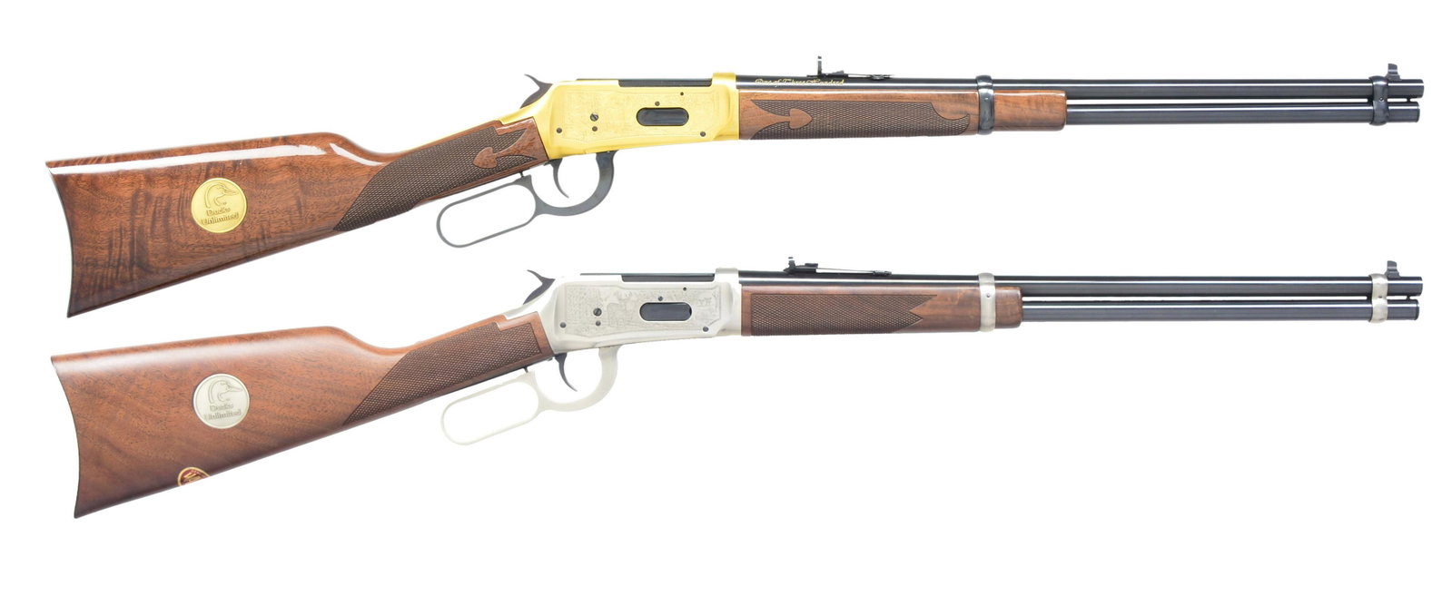 2 WINCHESTER 94AE XTR DUCKS UNLIMITED LEVER ACTION: CARBINES. BOTH: cal. 30-30. Bbls. 20" w/ sporting sights. Full length mags. Limited Edition commemorating 50 years of Ducks Unlimited Wetland Conservation. 1) 1 OF 300 GOLD EDITION. S# DU863250. 300 P