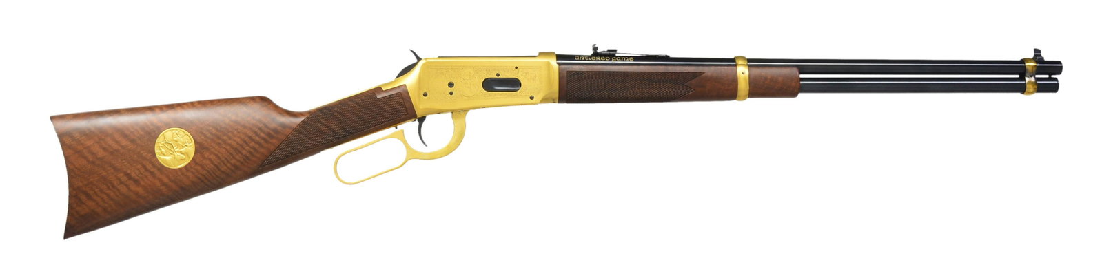 WINCHESTER 94 ANTLERED GAME LEVER ACTION CARBINE.: Cal. 30-30. S# AG08639. Bbl. 20" w/ sporting sights. Gold finished bbl. bands & action. Engraving consists of fancy border & scroll surrounding portraits of North American big game including caribou, 