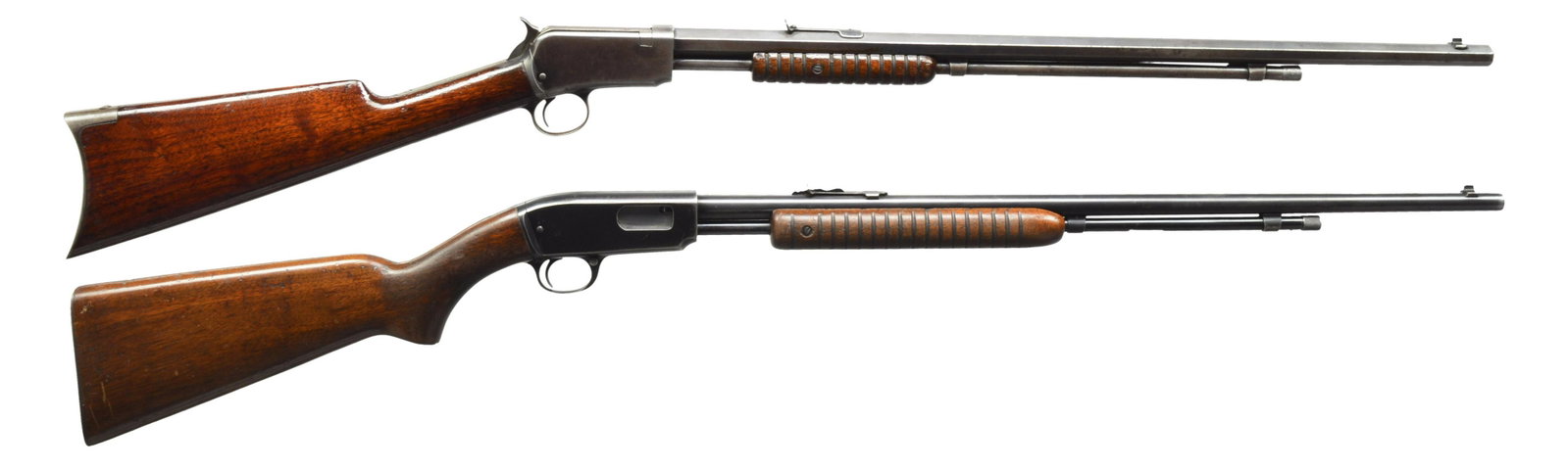 WINCHESTER 1890 & 61 PUMP RIFLES.: 1) MODEL 1890. Cal. 22 Short. S# 408425A. Bbl. 24" oct. w/ bead front sight & sporting rear sight. Third Model action. Grooved walnut pump handle & straight grip stock w/ crescent steel buttplate. Mfg