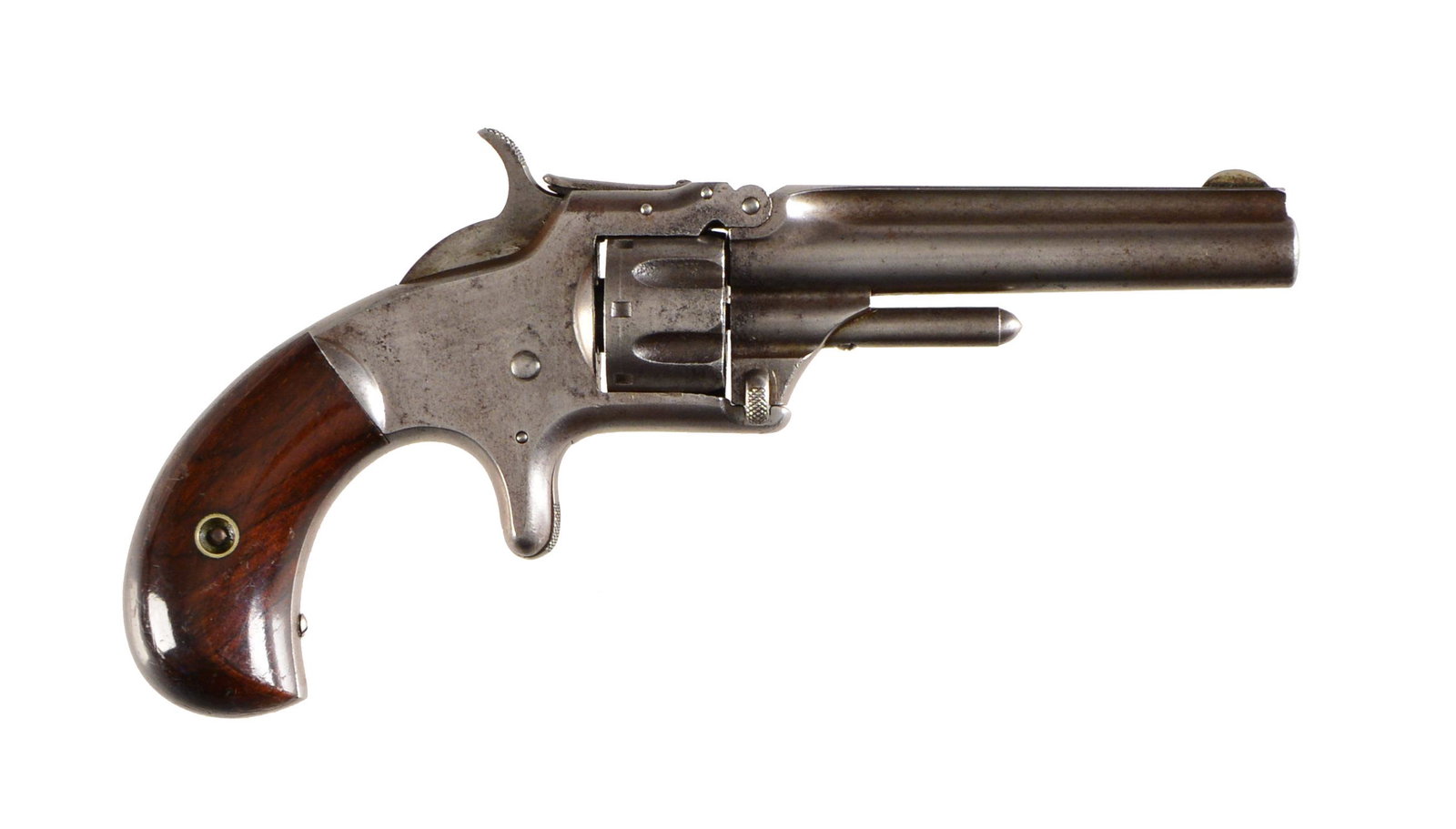 SMITH & WESSON NO.1 3RD ISSUE SA REVOLVER.: Cal. 22 S RF. S# 15148. Bbl. 3 3/16" rnd. w/ rib & semi circular front sight. 7 Shot fluted cyl. Tip up action w/ spur trigger. 2 Piece rosewood bird's head grips. Approx. 131,163 mfg. 1868-1881. COND
