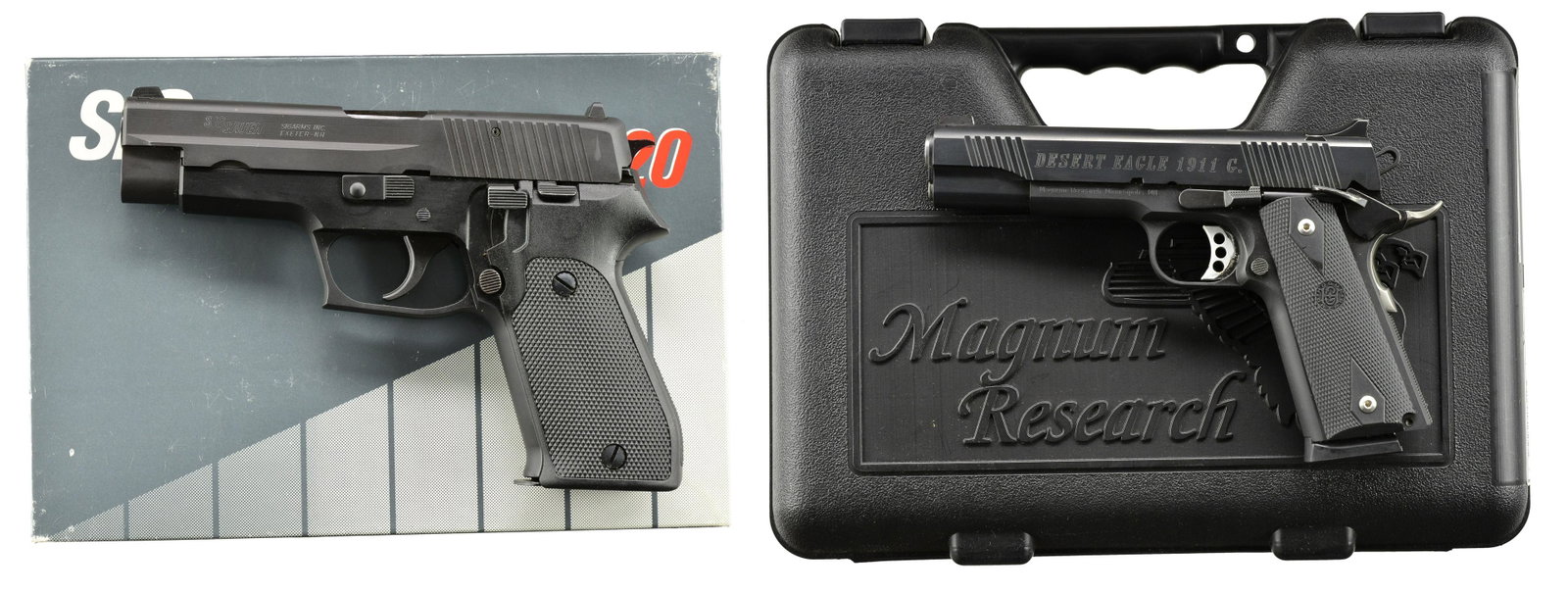 2 SEMI AUTO PISTOLS. SIG P220 & DESERT EAGLE: 1911 G. BOTH: cal. 45 ACP. UNATTACHED ACCESSORIES: factory box / case & packaging for each. CONDITION: all aspects of both near excellent including bores. 1) SIG SAUER MODEL P220. S# G 175 625. Bbl. 4