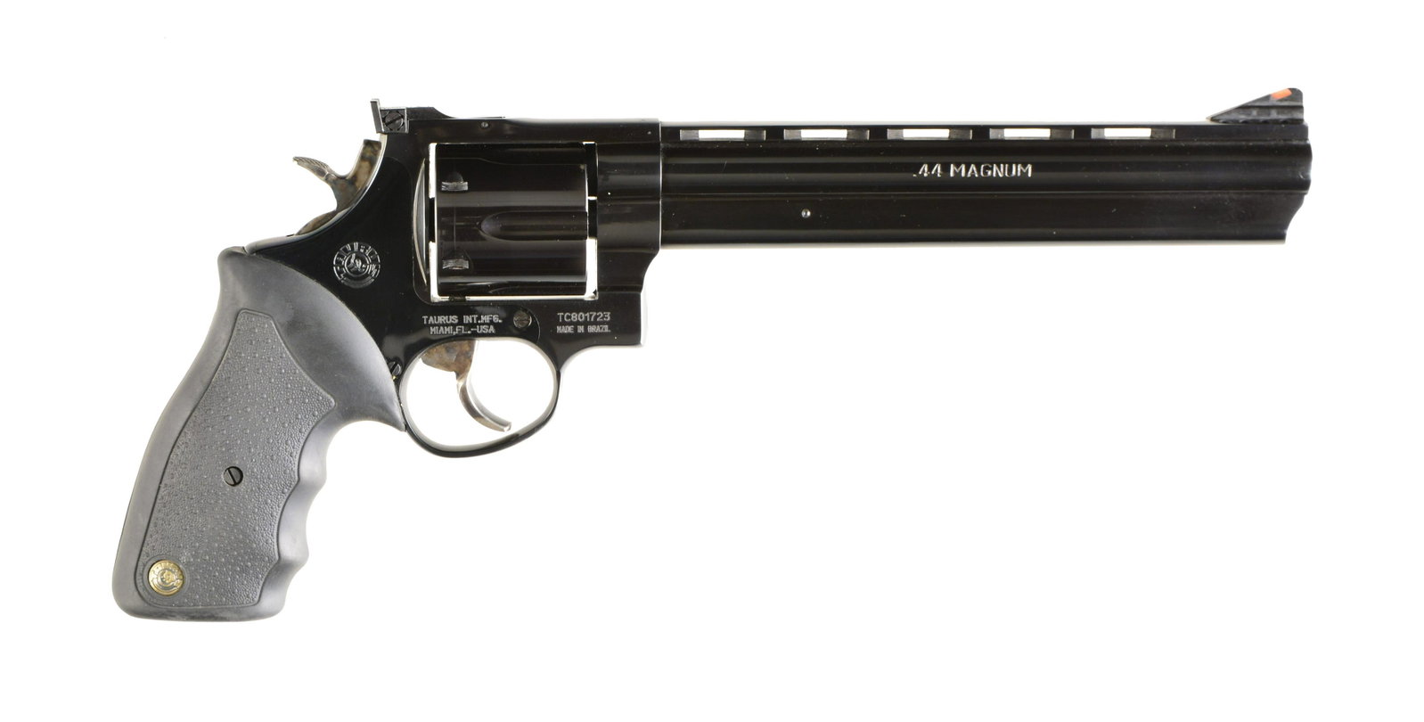 TAURUS MODEL 44 REVOLVER.: Cal. 44 Magnum. S# TC801723. Bbl. 8 3/8” ported w/ vent rib. Serrated ramp front site w/ red insert. Adj. rear sight. Full lug. Smooth trigger. Taurus rubber grips. UNATTACHED ACCESSORIES: Uncle