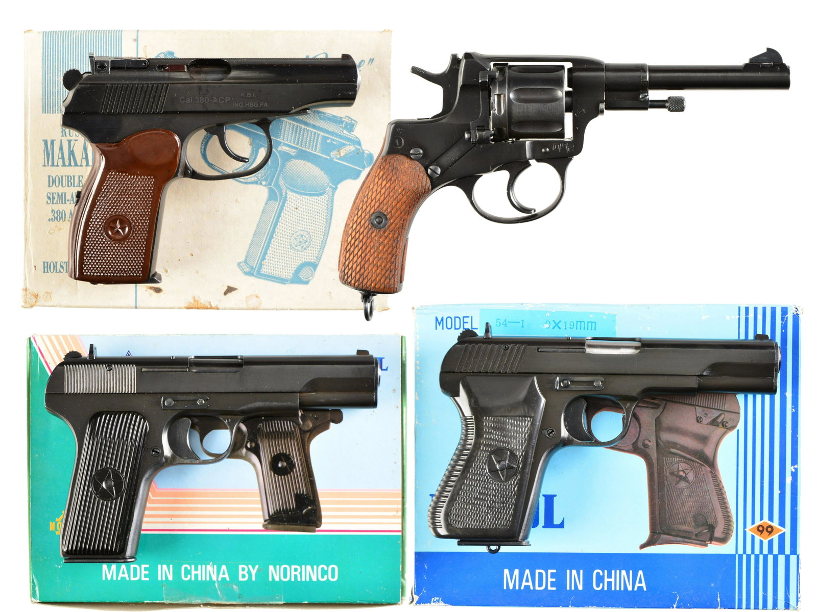 4 RUSSIAN DESIGNED HANDGUNS.: ALL: blued finish. 1) RUSSIAN IMEZ MODEL IJ70-17A SEMI AUTO PISTOL. Cal. 380 ACP. S# B HC5321 (G019816). Bbl. 3 3/4". Mfg. in Russia & imported by K.B.I. w/ import S# G019816. Loosely patterned after 