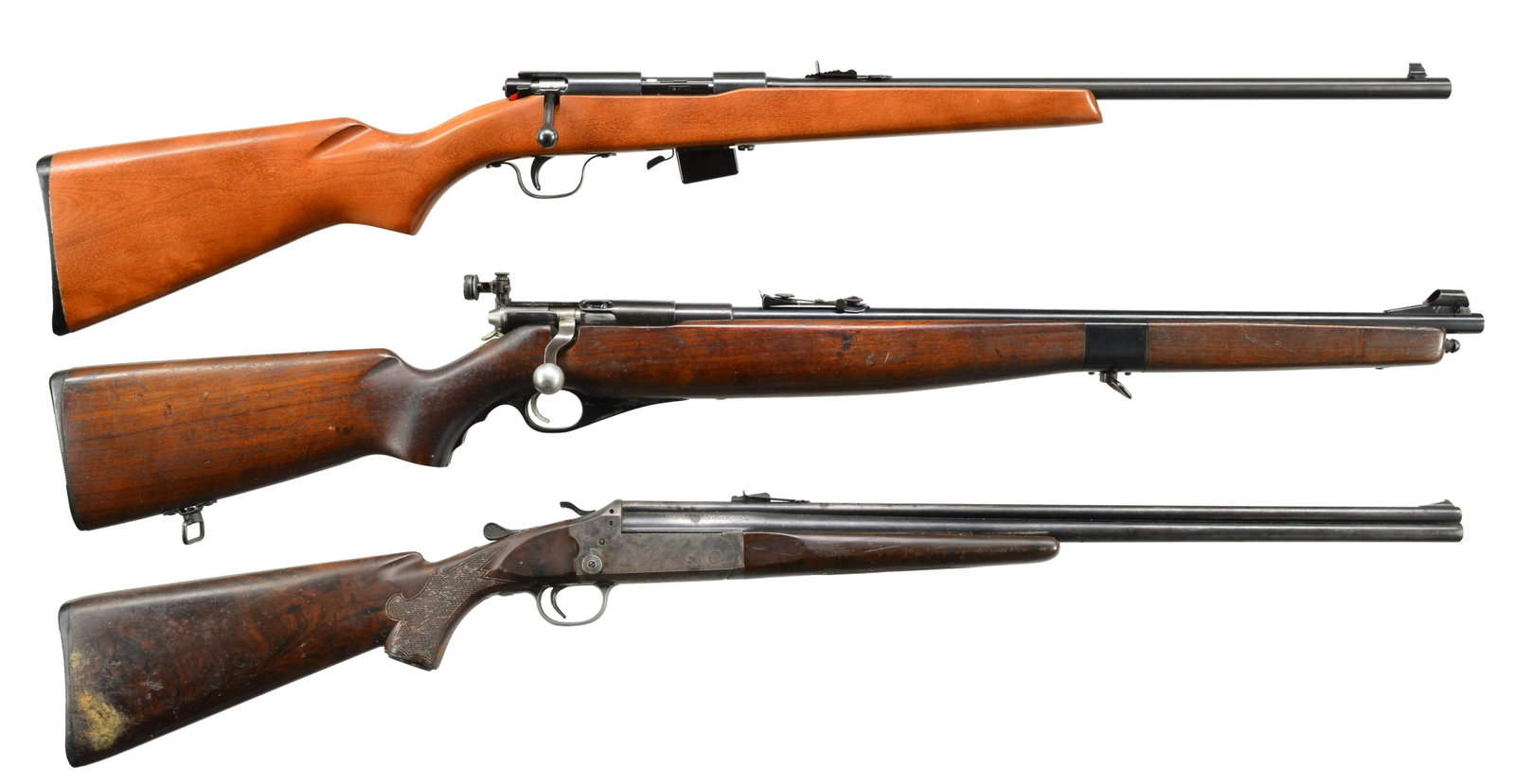 2 RIFLES & 1 COMBINATION GUN.: 1) SEARS MODEL 2C BOLT ACTION RIFLE. Cal. 22 S, L, LR. NSN. Bbl. 20 3/4". Markings include "SEARS MODEL 2C". Grooved receiver. Open sporting rear sight. Bead front sight. Hardwood stock. MAGS: 1 detac