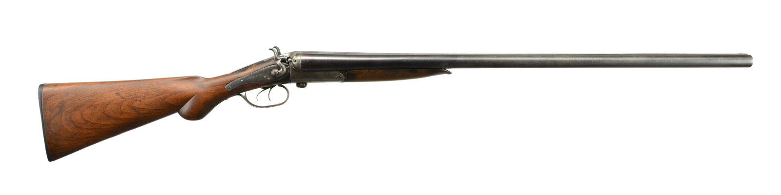 W. MOORE & CO. SXS HAMMER SHOTGUN.: Cal. 10 Ga., 2 7/8". S# 7658. Bbls. 30" of London Fine Twist. Full & Full chokes. Rnd. body side lever frame w/ back action locks. Locks are marked "W. MOORE & CO". Dbl. triggers. Extractors. Splinter