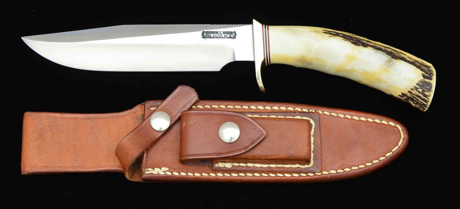 CUSTOM ORDER RANDALL #3 KNIFE.: . This custom order Randall was delivered on January 29, 1987. It features 6" blade w/"Orlando FLA" & "6" address address, stag handle, single nickel silver hilt & compass. UNATTACHED ACCESSORIES: ori