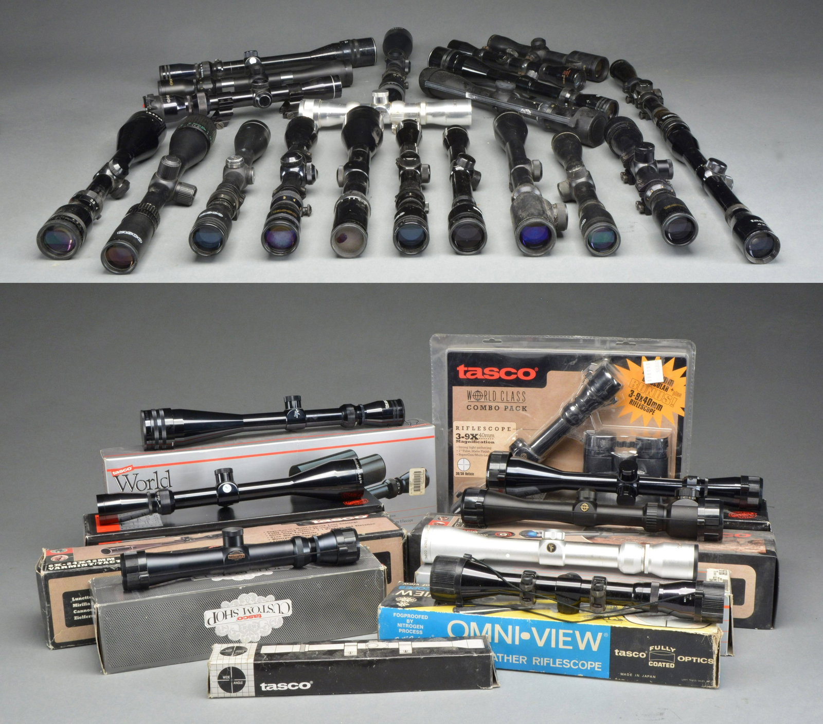 32 TASCO RIFLE & PISTOL SCOPES PLUS 1 BINOCULAR.: 12 packaged items appearing new. Balance very good w/ fine optics unless noted. 1) World Class 6-24X44 target silhouette scope w/ gloss black finish & crosshair dot reticle. Very good w/ slight ring m