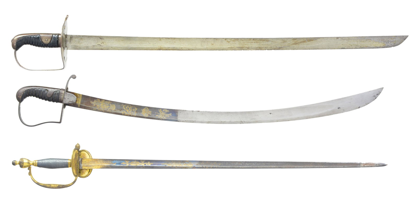 3 EARLY BRITISH SWORDS & SABERS.: 1) BRITISH MODEL 1796 HEAVY CAVALRY TROOPERS SWORD. Overall length: 40 1/8". Blade length: 34 1/2". The wide single fuller blade has a single stamping 3 1/4" up from the hilt that appears to be a crow