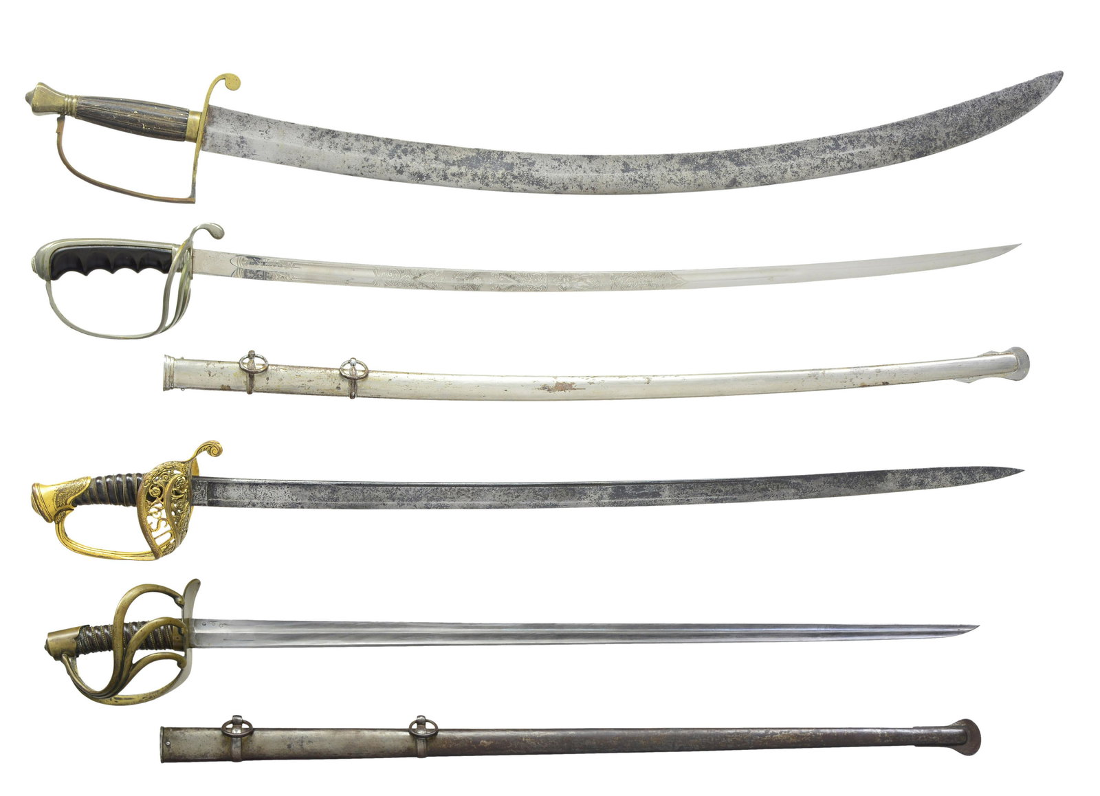 4 SWORDS & SABERS.: 1) CIRCA 1805-1820 PILLOW POMMEL SHORT SABER. Overall length: 33". Blade length: 27 1/2". Single fullered plain blade w/ simple brass hilt & stylized pillow pommel. Reeded horn grip. No scabbard. COND