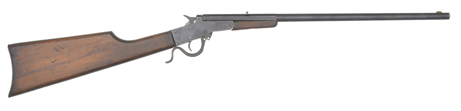 STEVENS MAYNARD JR. BREAK ACTION RIFLE.: Cal. 22 RF. S# NSN. Bbl. 18" part rnd., part oct. Mfg. 1902-1912. Walnut stock set w/ metal buttplate. Patterned after Maynard rifles of Civil War era. CONDITION: fair appearance w/ poor bore. Missing