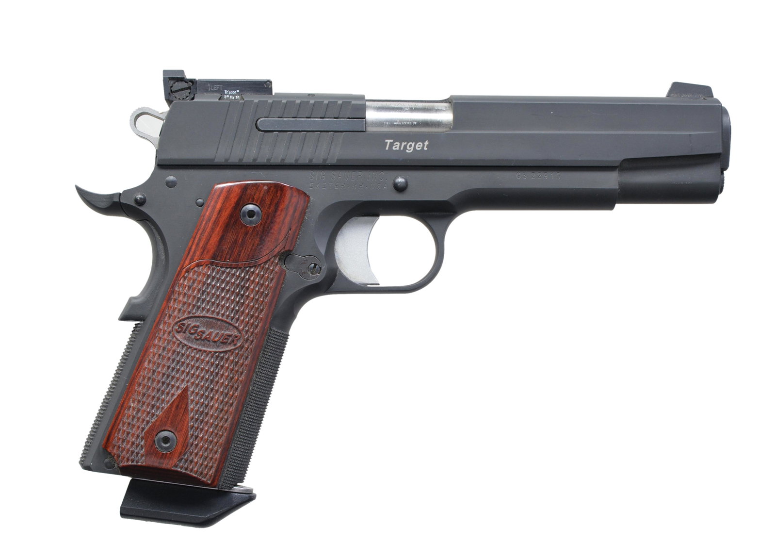 SIG SAUER MODEL 1911 TARGET SEMI AUTO PISTOL.: Cal. 45 ACP. S# GS 22913. Bbl. 5" stainless w/ loaded chamber window. Matte black finish w/ Kensight dovetailed adj. night sights. Sig logo checkered rosewood grips. Numerous enhanced features to incl