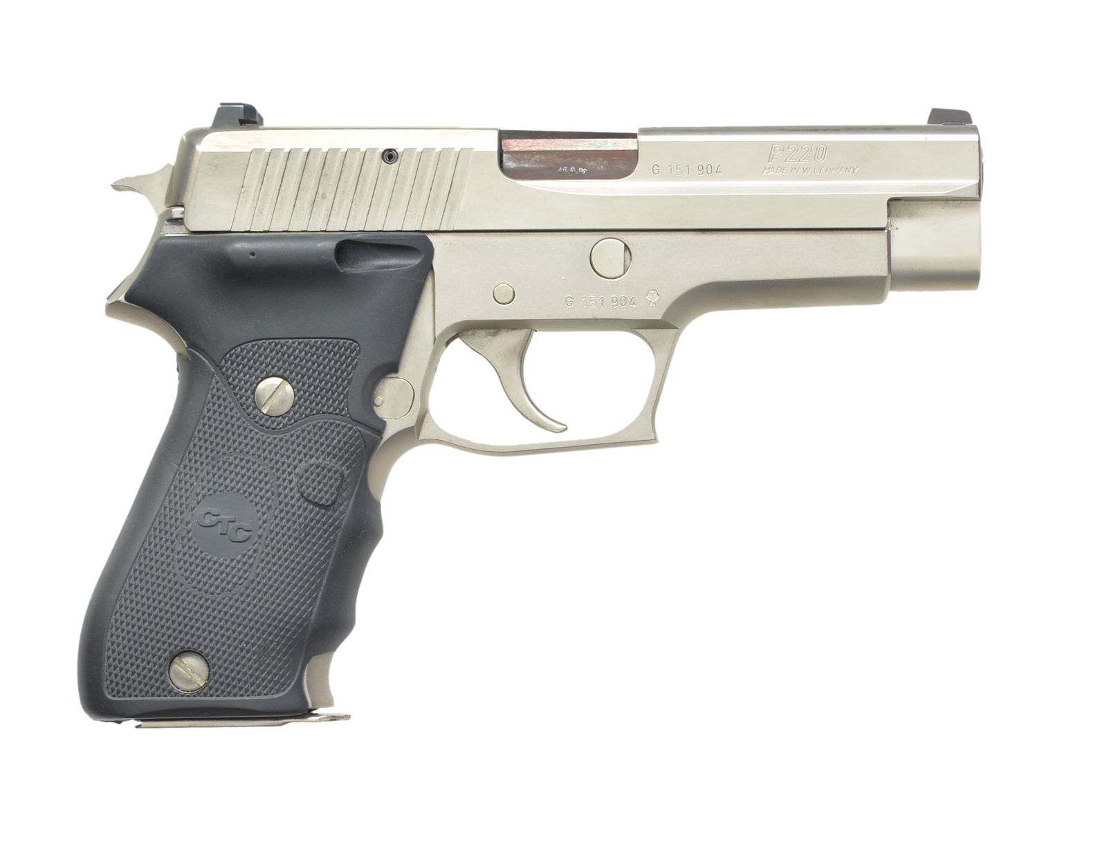 SIG SAUER MODEL P220 SEMI AUTO PISTOL.: Cal. 45 ACP. S# G 151904. Bbl. 4.4". Electroless nickel model made in W. Germany w/ matching numbered slide & bbl. JH date code;1987. Optional night sights & Crimson Trace laser grips. MAGS: 1 factory