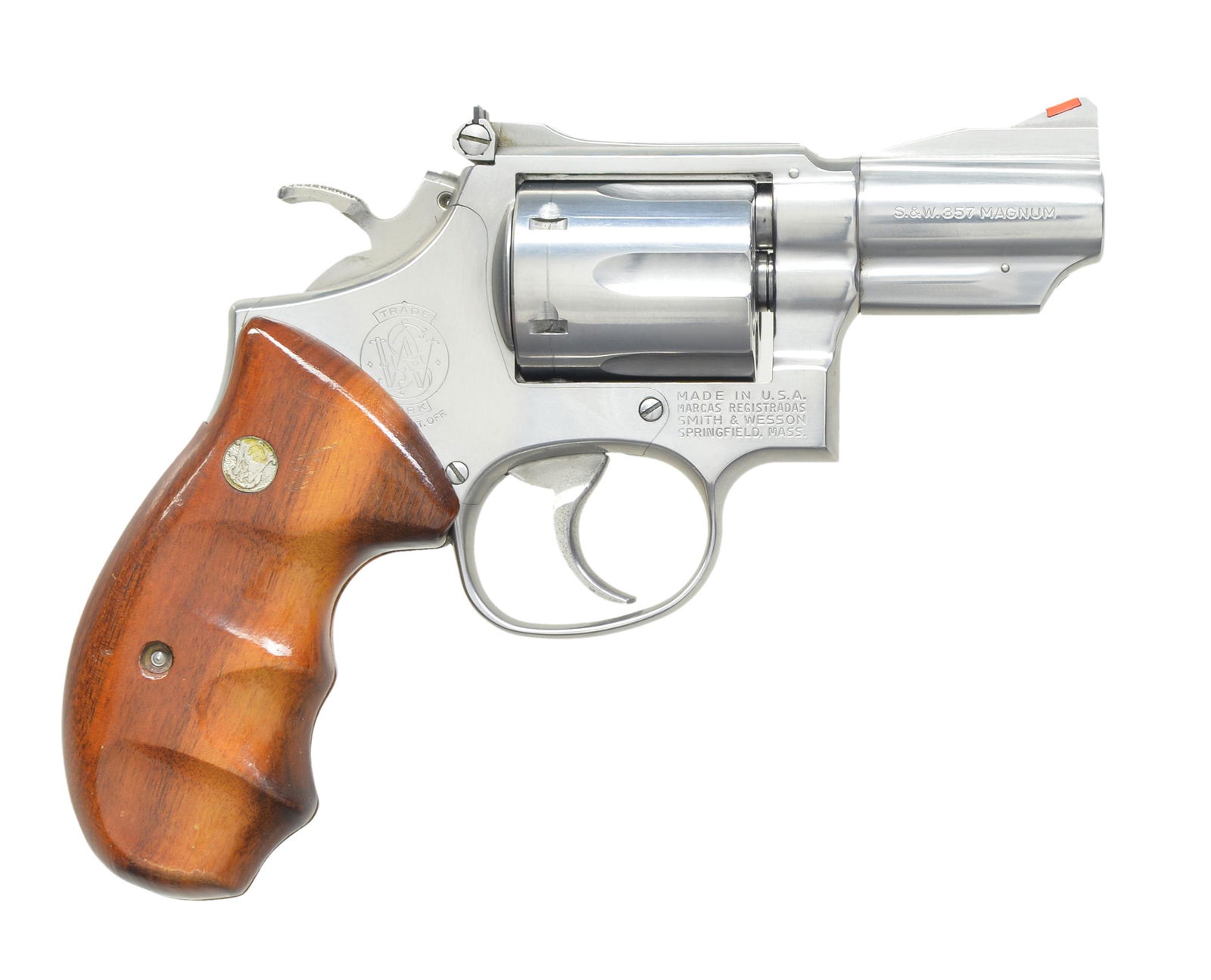 SMITH & WESSON MODEL 64-2 REVOLVER.: Cal. 357 Mag. S# 1D40035. Bbl. 2 1/2" pinned. Mfg. 1979 per S&W inquiry. Unusual rnd. butt configuration w/ stainless target hammer & smooth faced target trigger. Model 66 style bbl. w/ Baughman front